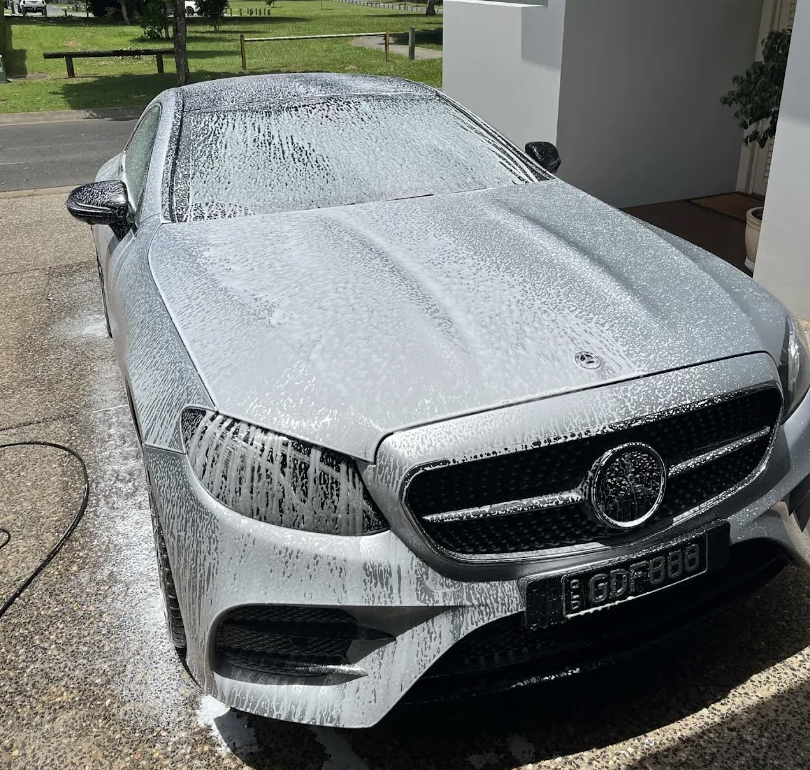 Paint-safe snow foam pre-wash on a Mercedes-AMG in Brisbane